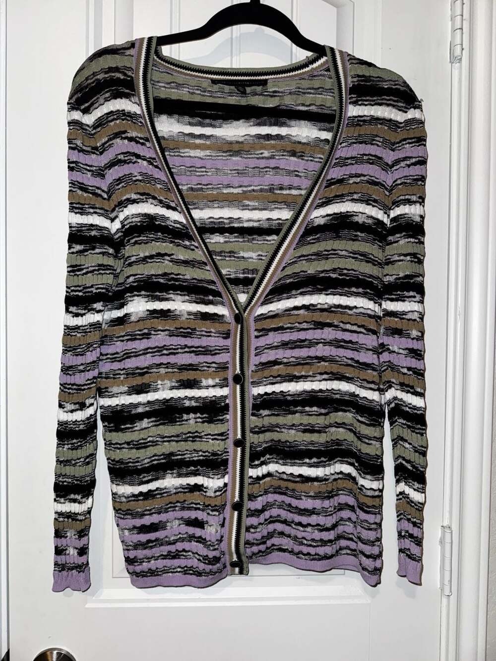 White House Black Market Multicolor Textured Striped V-Neck Cardigan‎
